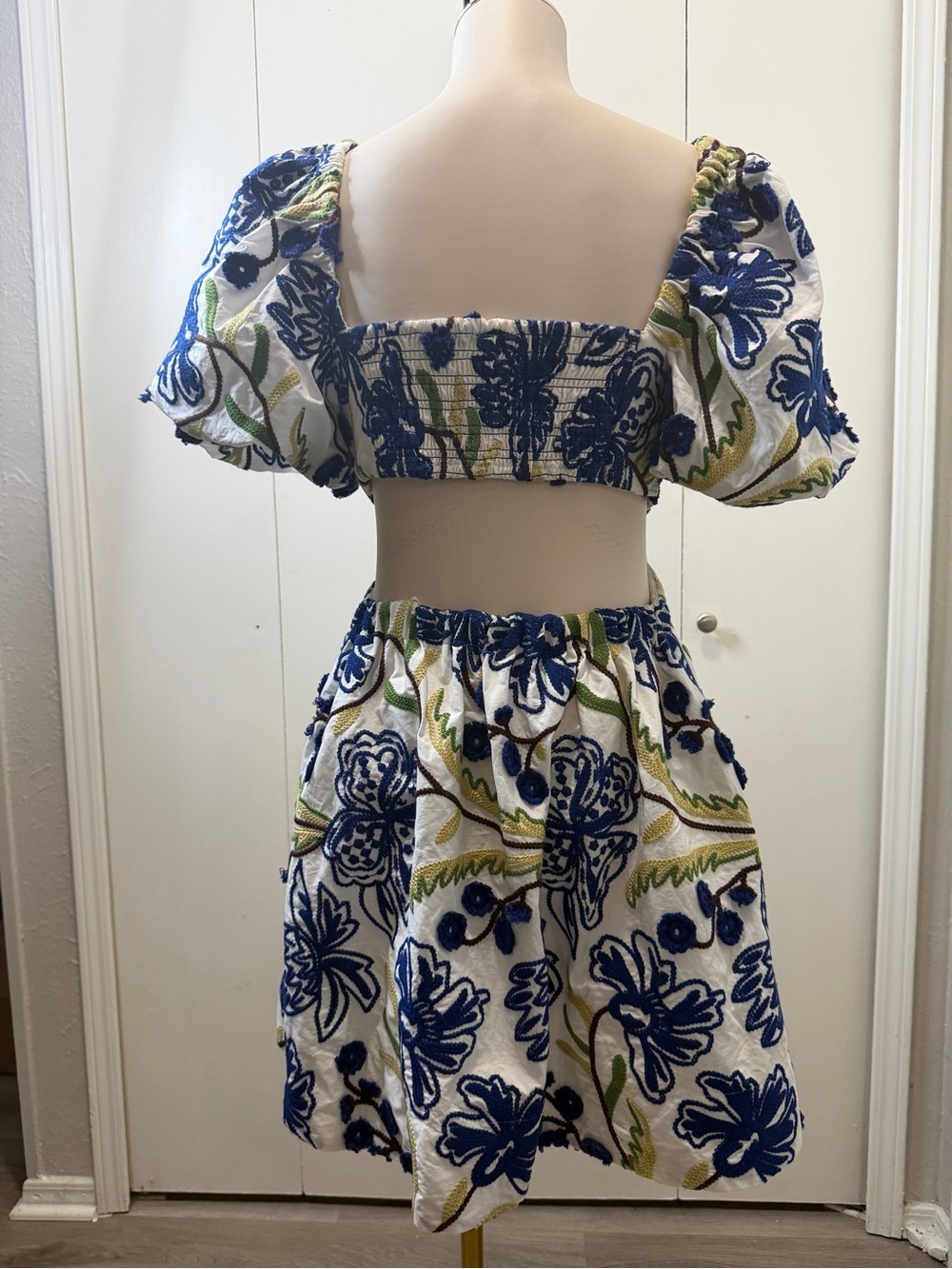 Anthropologie White Mini Dress with Blue Floral Embroidery - Picture 5 of 8